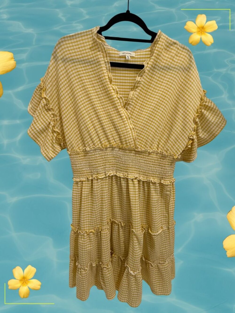 Max Studio Yellow Gingham Smocked Waist Mini Dress XL Ruffle Sleeve Cottagecore